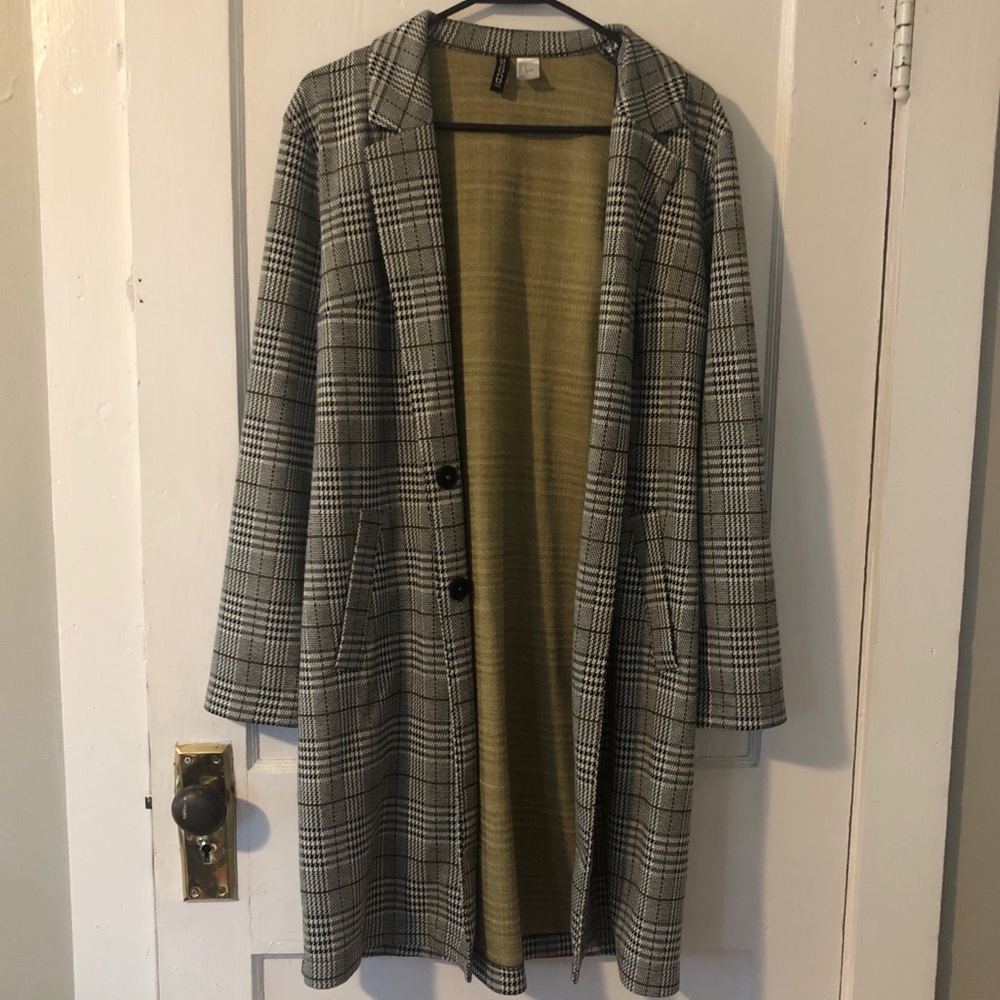 Divided H&M Black and White Plaid Longline Boyfriend Blazer Knee Length Medium